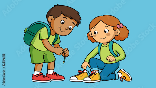 A child tying their classmates shoelace during recess. The childs nimble fingers and patient demeanor demonstrate their helpful nature.. Cartoon Vector.