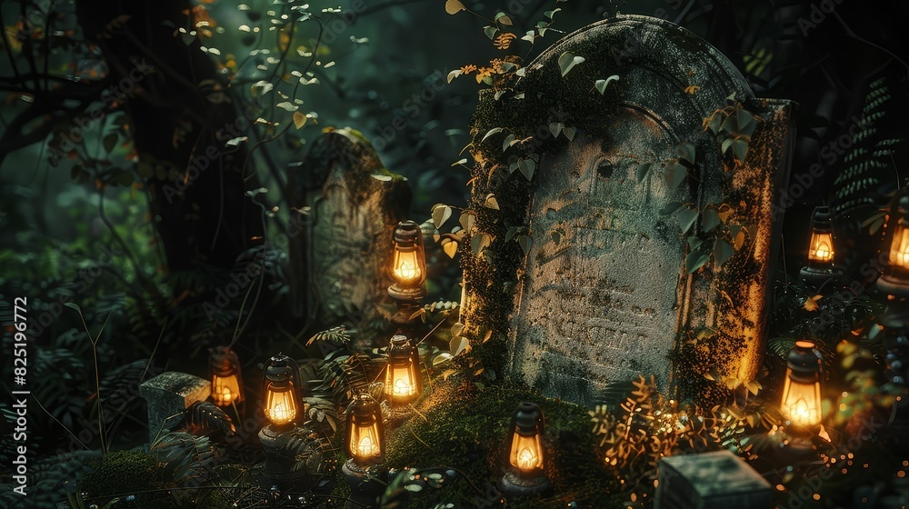 Fototapeta premium Time-worn tombstone buried under moss and ivy, glowing eerily in the dim evening light