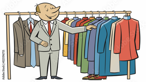 A client is a middleaged man browsing through the clothing racks at a department store. He is welldressed wearing a suit and tie. He carefully. Cartoon Vector.