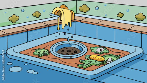 A clogged drain Water was pooling in the sink because the drain was clogged. The water was murky and there were bits of food and hair visible in the. Cartoon Vector.