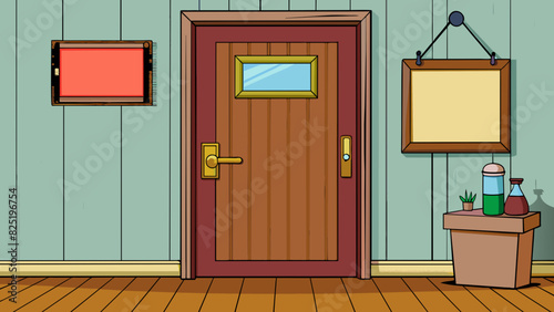 A closed wooden door with a sign that reads occupied indicating that someone is inside the room.. Cartoon Vector.