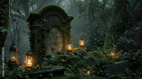 Time-worn tombstone buried under moss and ivy, glowing eerily in the dim evening light © Jiraphiphat