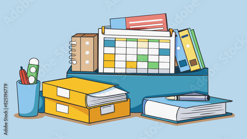 A clutterfree desk with neatly stacked papers categorized folders and a clearly labeled calendar showcases the efficient management of tasks and. Cartoon Vector.