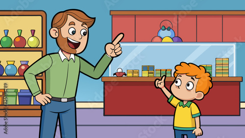 A client is a parent with a young child at a toy store browsing through the aisles. The child is pulling on their parents arm pointing excitedly at. Cartoon Vector.