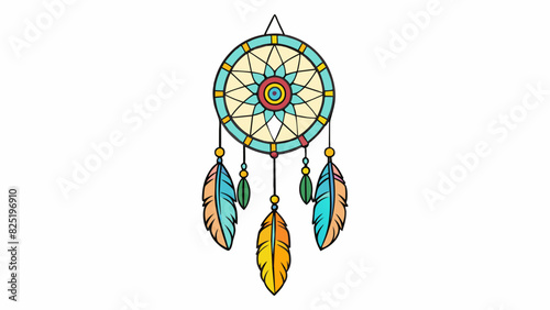 A colorful handcrafted dreamcatcher with intricate weaving and dangling feathers believed to bring peaceful and pleasant dreams to its owner.. Cartoon Vector.