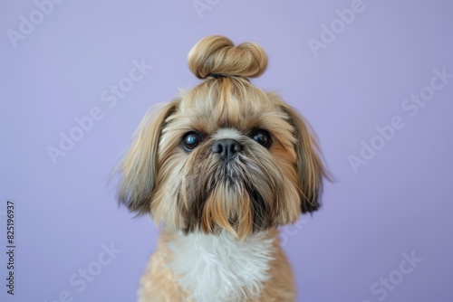 Fluffy Shih Tzu with a topknot on a lavender background