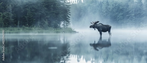 A large moose stands in the middle of a lake on a foggy morning.