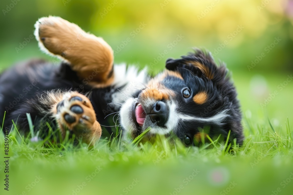 Playful Bernese Mountain Dog puppy on a green background