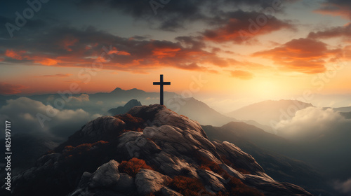 arafed cross on a mountain with a sunset in the background