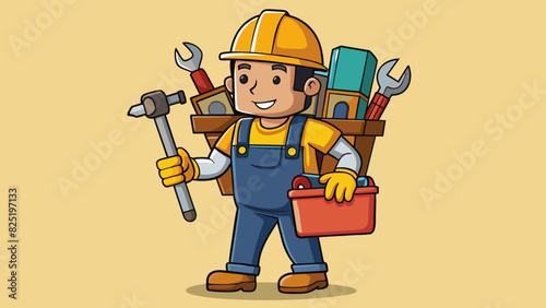 A construction worker heaves a heavy load of tools and equipment onto their shoulders as they make their way to a job site. The tools including. Cartoon Vector.