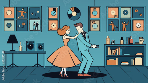A couple dancing in a dimly lit room their silhouettes cast against a wall adorned with vintage records and framed concert posters. The womans flowy. Cartoon Vector.
