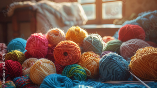 Detailed Image of Colorful Yarn and Knitting Essentials