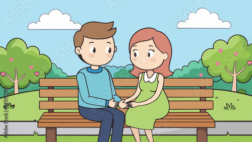 A couple sits on a bench in a quiet park enjoying the warm sun as they wait for the arrival of their first child. They hold hands and gaze lovingly at. Cartoon Vector.