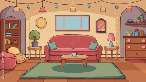 A cozy and inviting living room with soft and plush furniture warm ambient lighting and tasteful decor for a welcoming and comfortable space to relax. Cartoon Vector.