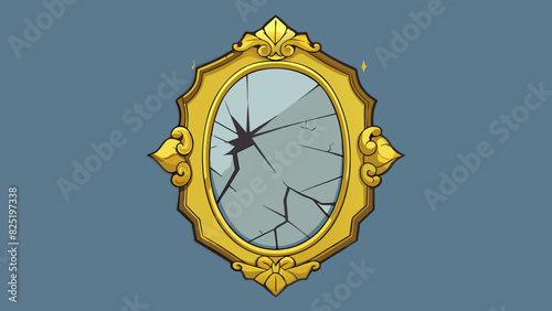 A cracked mirror hangs on the wall its reflective surface fragmented and distorted. The ornate gold frame that once held it together now tarnished and. Cartoon Vector.