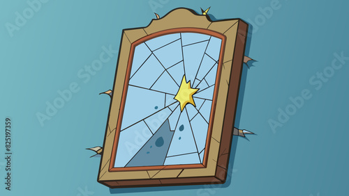 A cracked mirror hanging on the wall reflecting a distorted image due to its damaged surface.. Cartoon Vector.