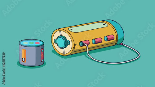 A cylindrical object with a charging port on one end and a light on the other. It can be controlled through a mobile app and changes colors to create. Cartoon Vector.