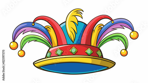 A daft hat with bright feathers bells and ribbons sticking out in all directions looking more suited for a clown than a proper head covering.. Cartoon Vector.