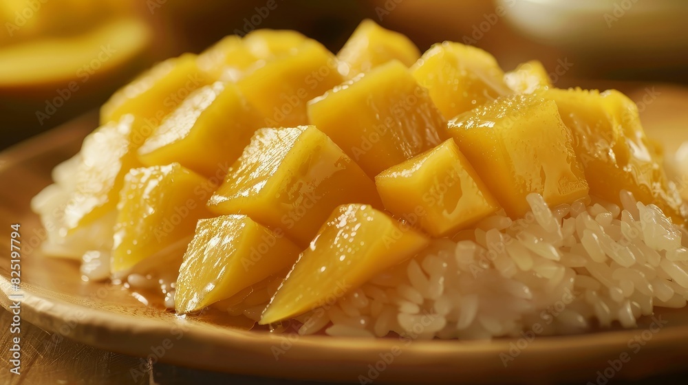 Sticky rice with mango arranged neatly on a wooden plate, featuring golden ripe mangoes and sweet sticky rice Sticky rice with mango arranged neatly on a wooden plate, featuring golden ripe mangoes and sweet sticky rice