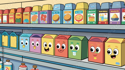 A display shelf in a grocery store filled with different brands and types of cereal boxes. The boxes have eyecatching designs and bright colors with. Cartoon Vector.