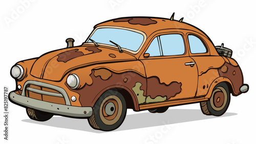 A dilapidated old car whose rusty exterior was covered in layers of peeling paint and whose engine sputtered and groaned with each use.. Cartoon Vector.