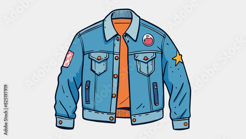 A faded denim jacket adorned with patches and pins collected over the years serving as a visual reminder of personal style and individuality.. Cartoon Vector.