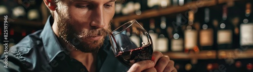Sommelier tasting a rich vintage red wine, carefully analyzing its aroma and flavors in a wine cellar photo