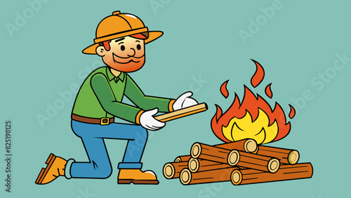 A fire being tended to by a careful hand adjusting logs and adding just the right amount of kindling to keep it crackling and warm.. Cartoon Vector.