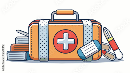 A first aid kit equipped with bandages ointment and tweezers essential for treating minor injuries and accidents at home or during outdoor activities.. Cartoon Vector.