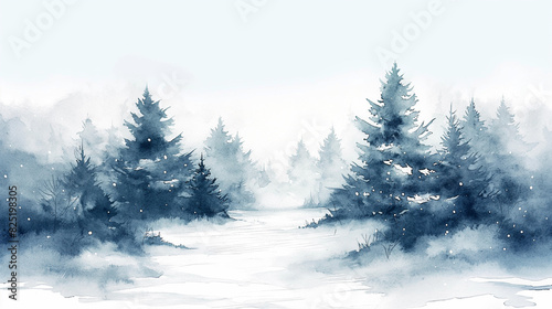 there is a painting of a snowy forest with trees in the background