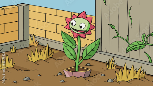 A flowering plant thriving in a neglected corner of a garden relying solely on its own resilience and determination to grow.. Cartoon Vector.