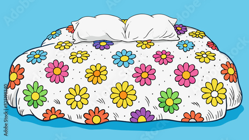 A fluffy white duvet cover adorned with colorful floral patterns is spread over a kingsized bed. The beds mattress sinks under your weight as you sink. Cartoon Vector.