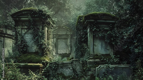 Abandoned cemetery corner with moss-covered headstones leaning under the weight of creeping vines