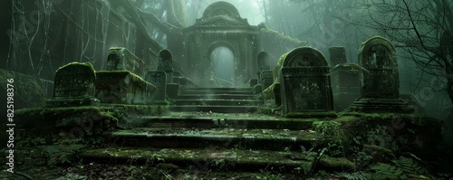 Abandoned crypt with mossy gravestones surrounding the entrance, faint mist rising from the stone steps photo