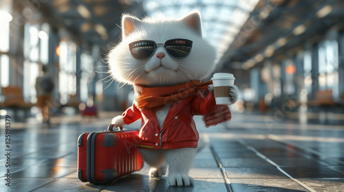 Funny cat traveler with travel bag and coffee cup in airport terminal, travel vacation summer holiday concept