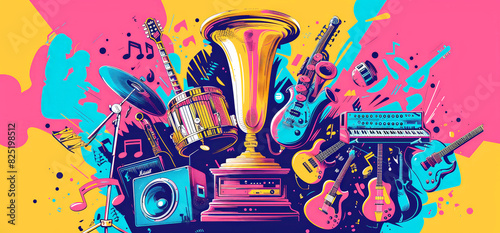 Bright images of various musical instruments surrounding the MTV VMA trophy, highlighting the diversity of music culture photo