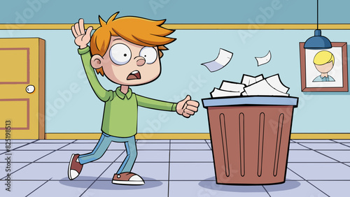 A frustrated teenager throws a cled piece of paper into the trash can across the room. The papers sharp edges and lightweight material allow it to be. Cartoon Vector.