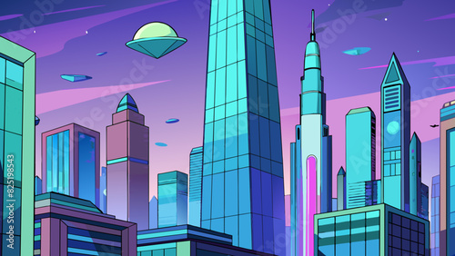 A futuristic cityscape is dominated by tall sleek buildings made of translucent glass. Neon lights flicker on and off illuminating the flying cars. Cartoon Vector.