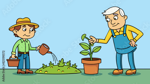 A gardener gently advises a novice gardener to be patient and not overwater their plants showing the wilting leaves as evidence of too much watering.. Cartoon Vector.