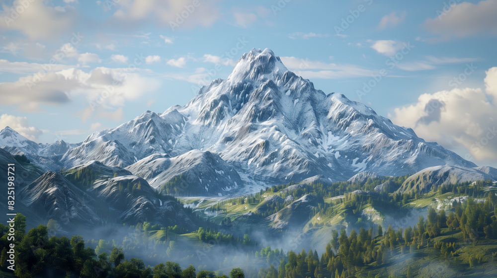 mountains with a snow covered peak and a forest below