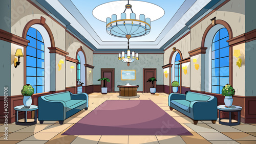 A grand lobby with marble floors high ceilings and elegant chandeliers. The reception desk is made of dark wood and adorned with fresh flowers. A. Cartoon Vector.