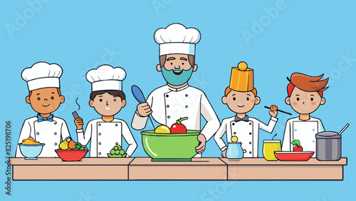 A group of chefs in a cooking competition each given the same ingredients and tasked with creating the most delicious and visually appealing dish.. Cartoon Vector.