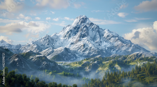 mountains with a snow covered peak and a forest below