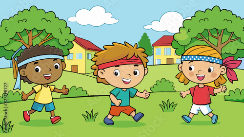 A group of children chase each other around a grassy backyard laughing and screaming as they play a game of tag. They have bright colorful bandanas. Cartoon Vector.