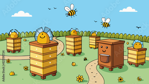 A group of beehives in a field with bees flying back and forth between the hives to collect nectar and pollen. Characteristics communication. Cartoon Vector.