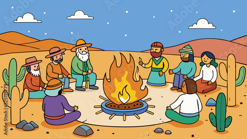 A group of friends gathering around a fire in the middle of the desert sharing stories and passing down oral histories that have been passed down. Cartoon Vector.