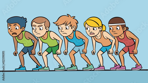 A group of runners gathered at the starting line of a race their bodies tense and focused as they await the starting signal. The intensity in their. Cartoon Vector.