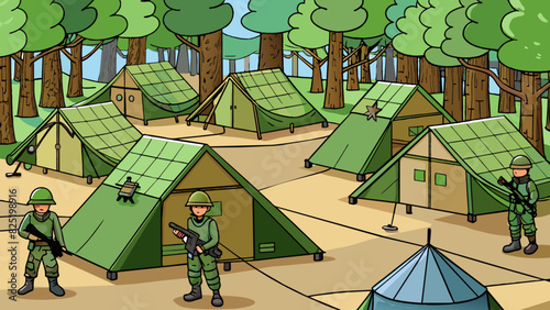 A group of military tents set up in a remote forest surrounded by camouflage netting and guarded by watchful soldiers showcasing the armys ability to. Cartoon Vector.