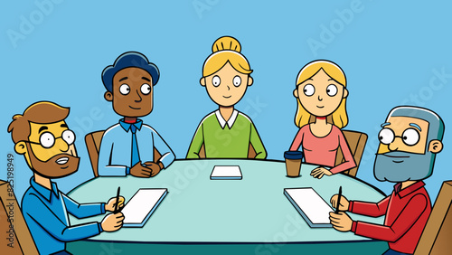 A group of people sitting around a table nodding their heads in unison indicating an agreement on a decision.. Cartoon Vector.