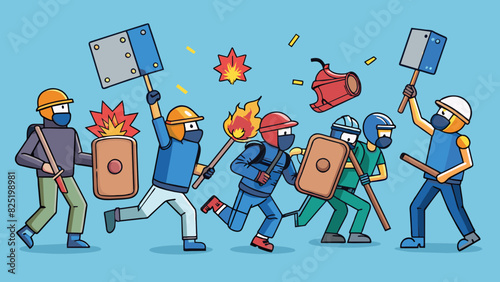 A group of protesters clashed with police their homemade signs and shields no match for the officers riot gear. Tear gas canisters filled the air and. Cartoon Vector.